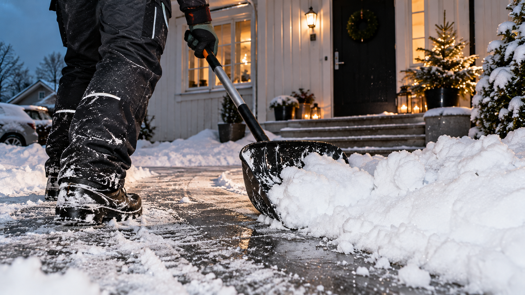 Snöskottning framför en villa